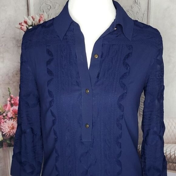 LAUNDRY by Shelli Segal Blue Embroidered Collared Long Sleeve Shirt Dress Size 2 - Picture 9 of 12